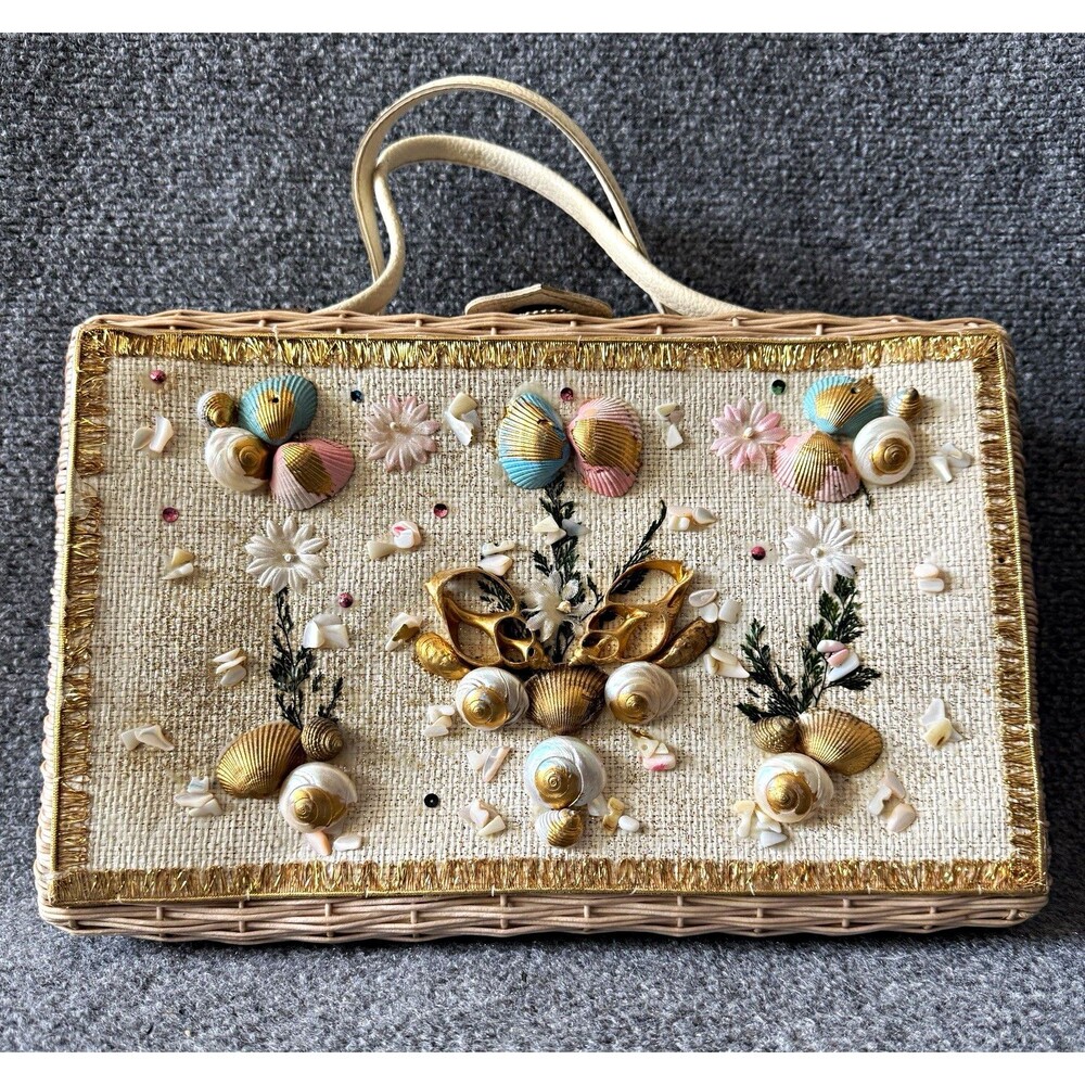 Vintage Wicker Picnic Basket Purse Handbag Floral Seashell Latch Made in Japan